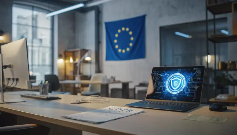 DSGVO Datenschutz Übersicht - Laptop mit Schloss-Symbol und EU-Flagge